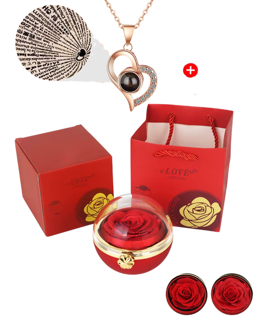 Caja del Amor Infinito 💖 – Rosa Eterna Natural + Collar de Corazones