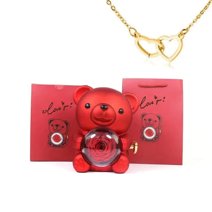 Caja de Regalo con Oso, Rosa Eterna y Collar de Corazones